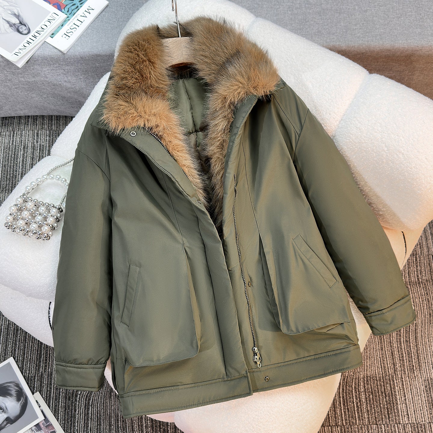 Parka invernale da donna con collo in pelliccia sintetica removibile