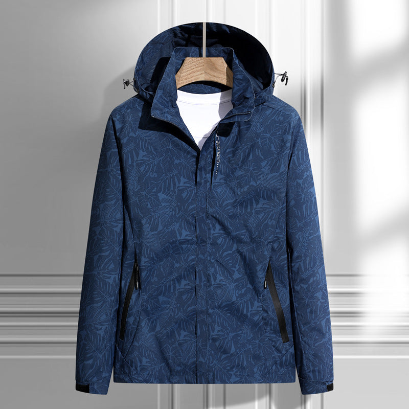 Giacca leggera antivento da donna con cappuccio e fantasia di foglie