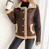 Giacca da donna in similpelle con fodera teddy e bottoni