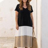 Claudia | Abito midi con scollo a V e maniche corte bicolore