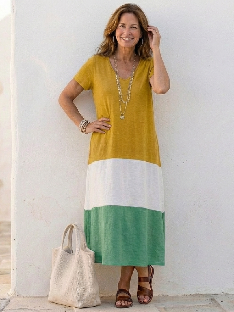 Claudia | Abito midi con scollo a V e maniche corte bicolore