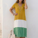 Claudia | Abito midi con scollo a V e maniche corte bicolore