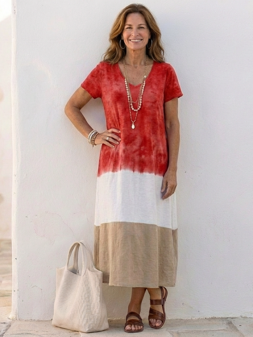 Claudia | Abito midi con scollo a V e maniche corte bicolore