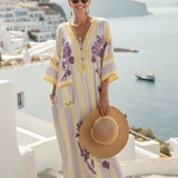 Iris | Vestido Maxi de Rayas Florales con Escote en V y Manga Semilarga