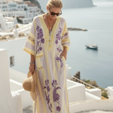 Iris | Vestido Maxi de Rayas Florales con Escote en V y Manga Semilarga