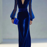 Sabrina - Jumpsuit lungo in velluto reale con scollo a V e maniche lunghe in rete, elegante e rétro