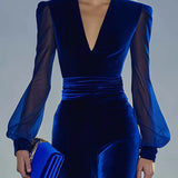 Sabrina - Jumpsuit lungo in velluto reale con scollo a V e maniche lunghe in rete, elegante e rétro