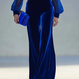 Sabrina - Jumpsuit lungo in velluto reale con scollo a V e maniche lunghe in rete, elegante e rétro