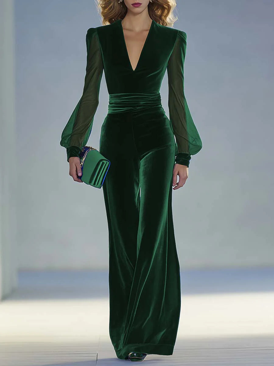 Sabrina - Tuta lunga in velluto reale con scollo a V e maniche lunghe in rete, elegante e retrò