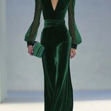 Sabrina - Jumpsuit lungo in velluto reale con scollo a V e maniche lunghe in rete, elegante e rétro