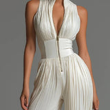 White sleeveless V-neck jumpsuit with zip closure.