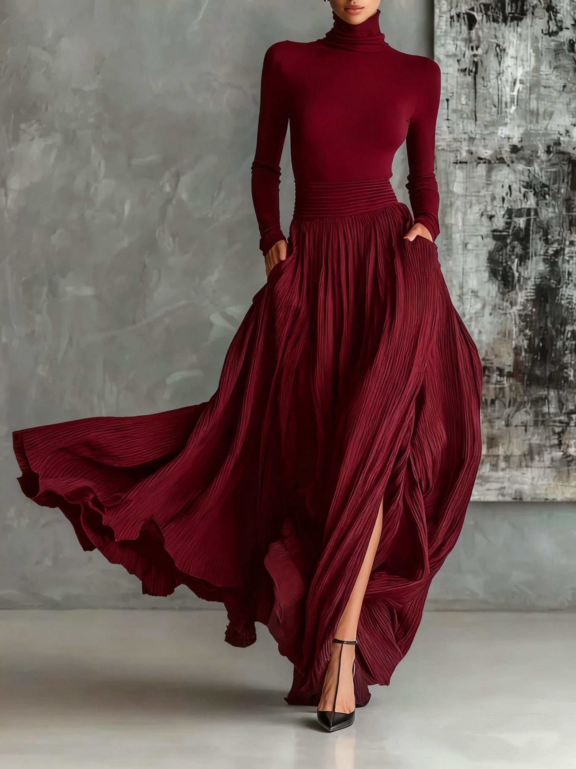 Soraya - Black Pleated Skirt and Fitted Long-Sleeve T-shirt Set