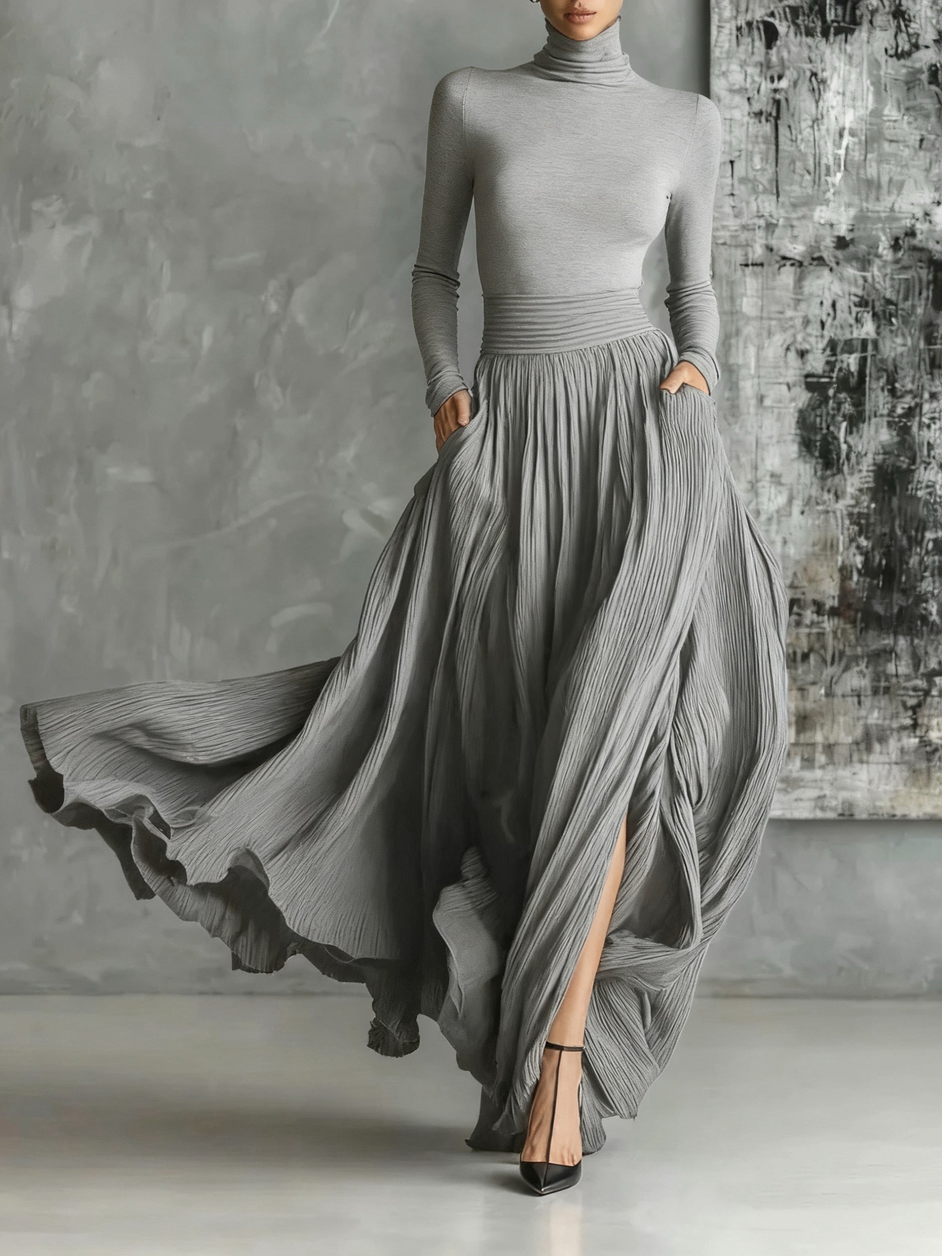 Soraya - Black Pleated Skirt and Fitted Long-Sleeve T-shirt Set