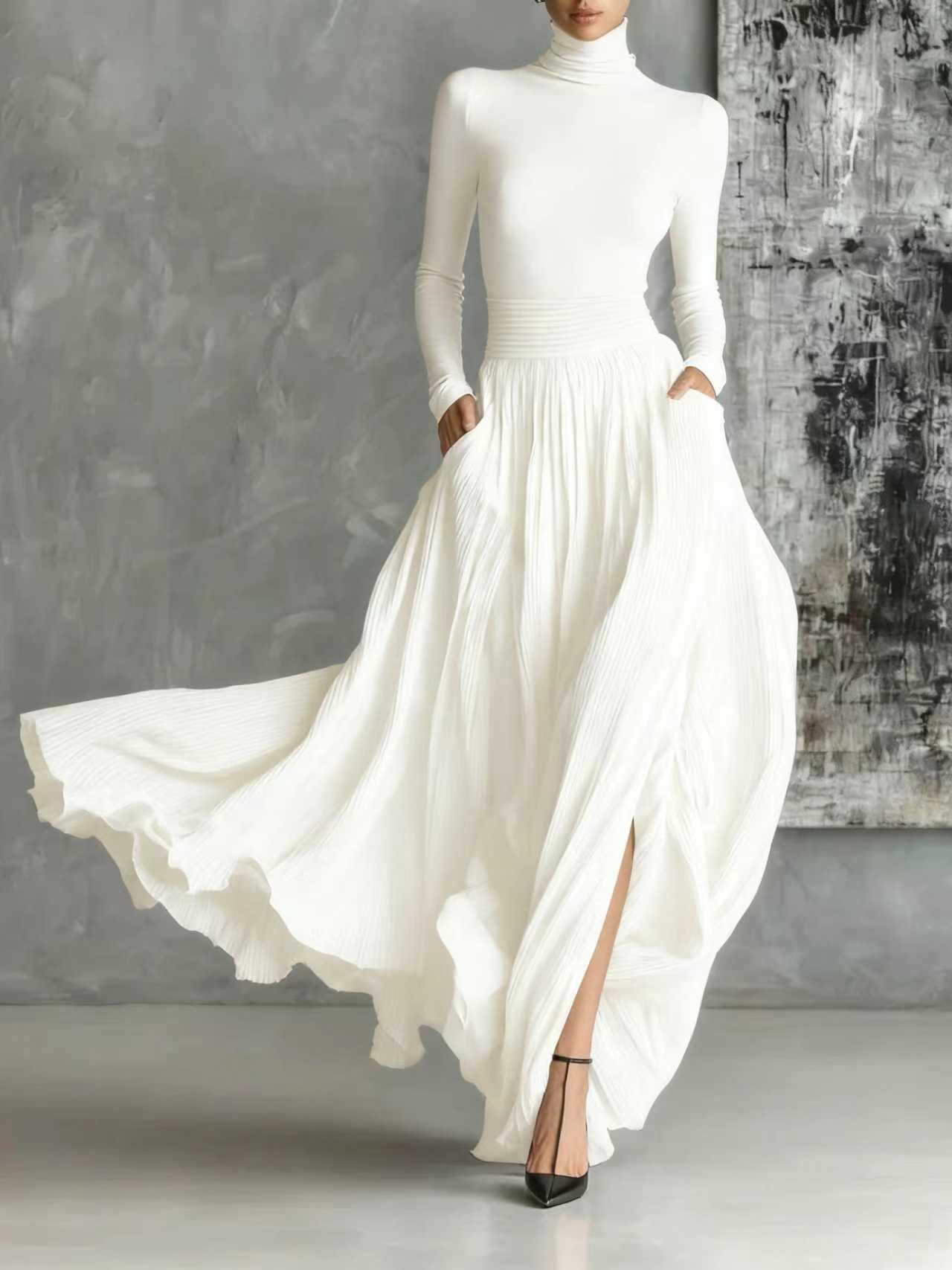 Soraya - Black Pleated Skirt and Fitted Long-Sleeve T-shirt Set