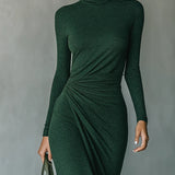 Lenora - Dark Green High-Neck Asymmetric Pleated Wrap Midi Dress