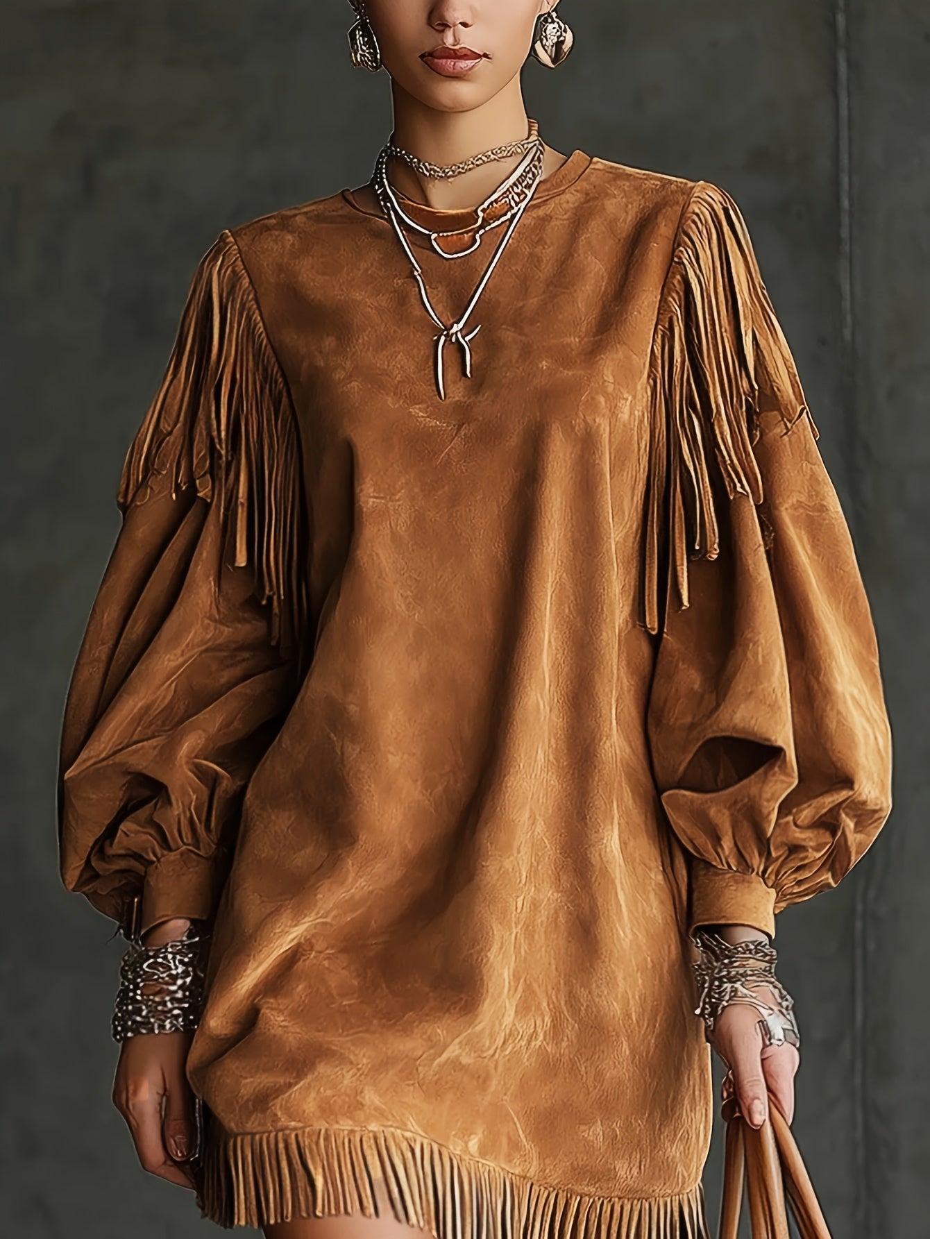 SAVANNA | ABITO MAXI IN STILE WESTERN CON MANICHE A CAMPANA