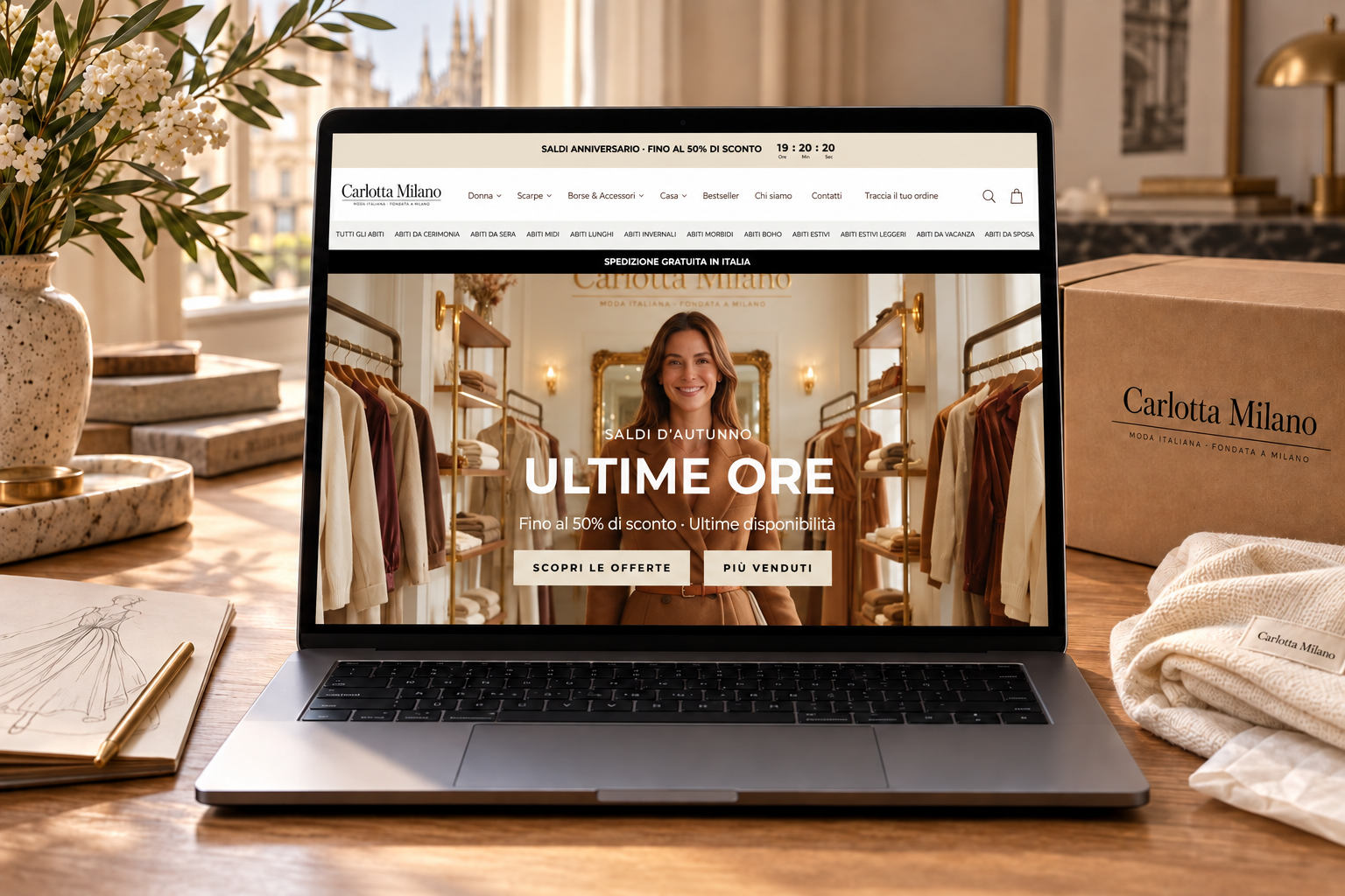 Composizione illustrativa con la homepage attuale di Carlotta Milano