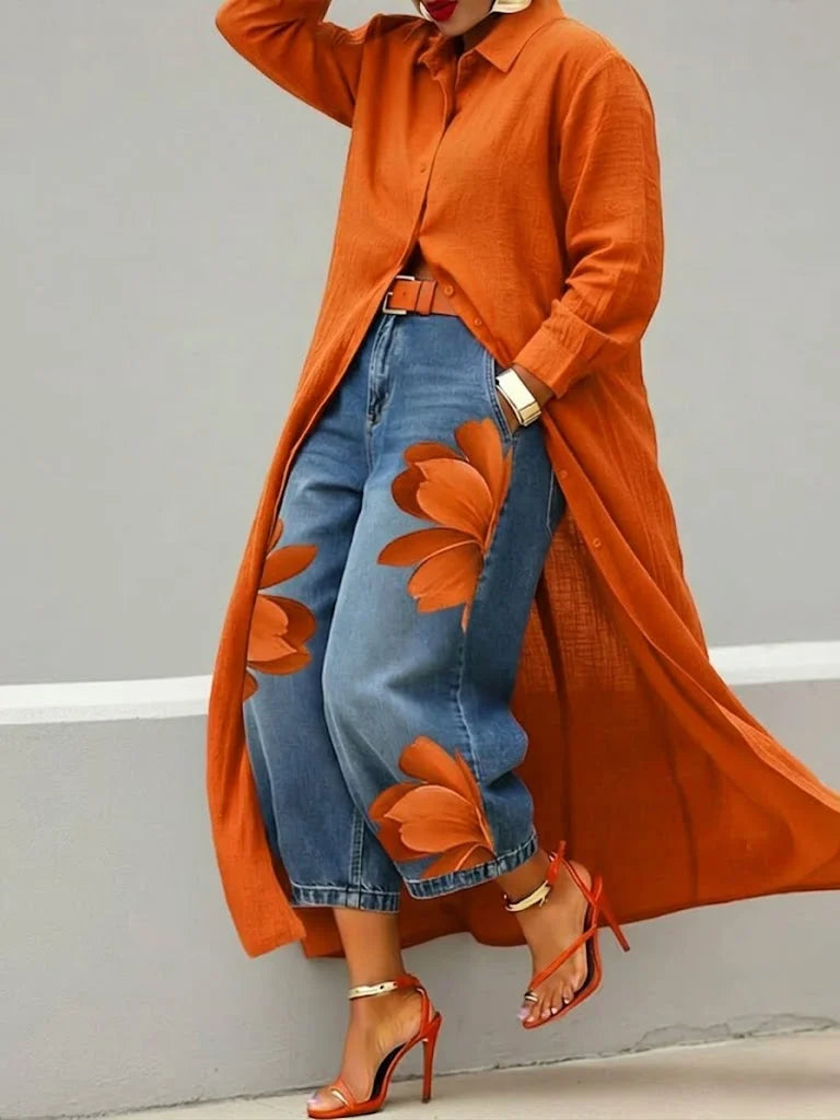Esley | Camicia lunga e jeans con motivo floreale
