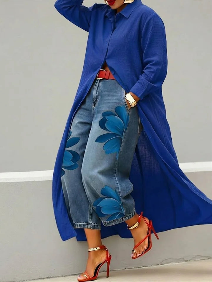 Esley | Camicia lunga e jeans con motivo floreale