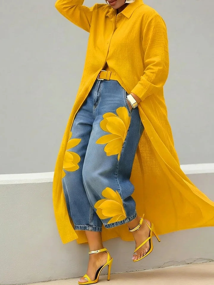 Esley | Camicia lunga e jeans con motivo floreale