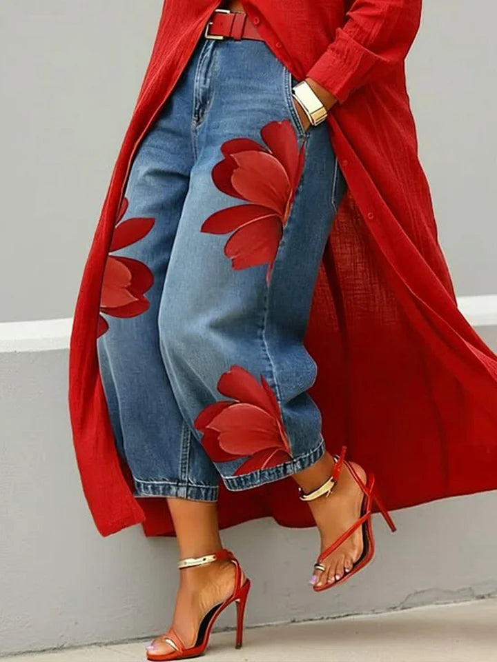 Esley | Camicia lunga e jeans con motivo floreale