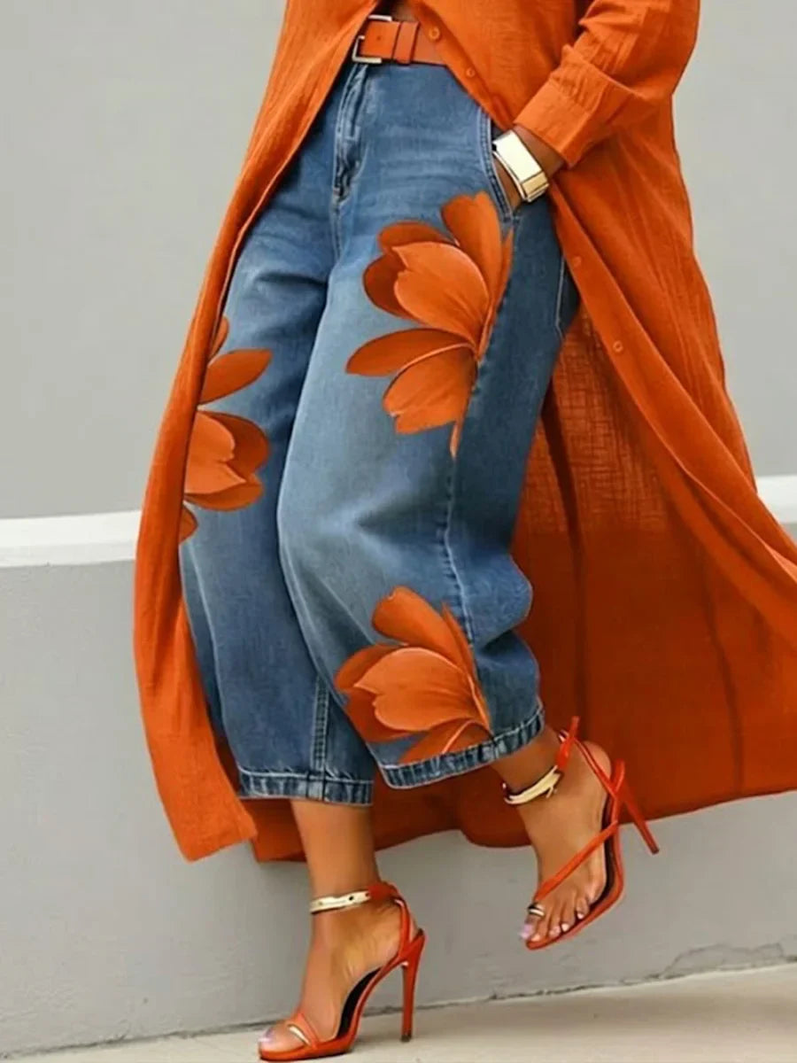 Esley | Camicia lunga e jeans con motivo floreale