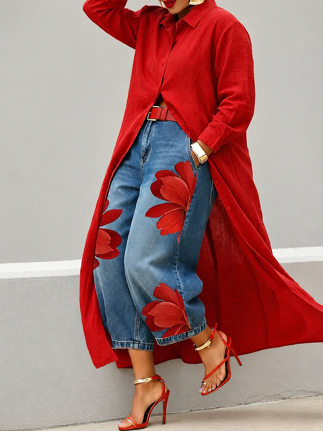 Esley | Camicia lunga e jeans con motivo floreale