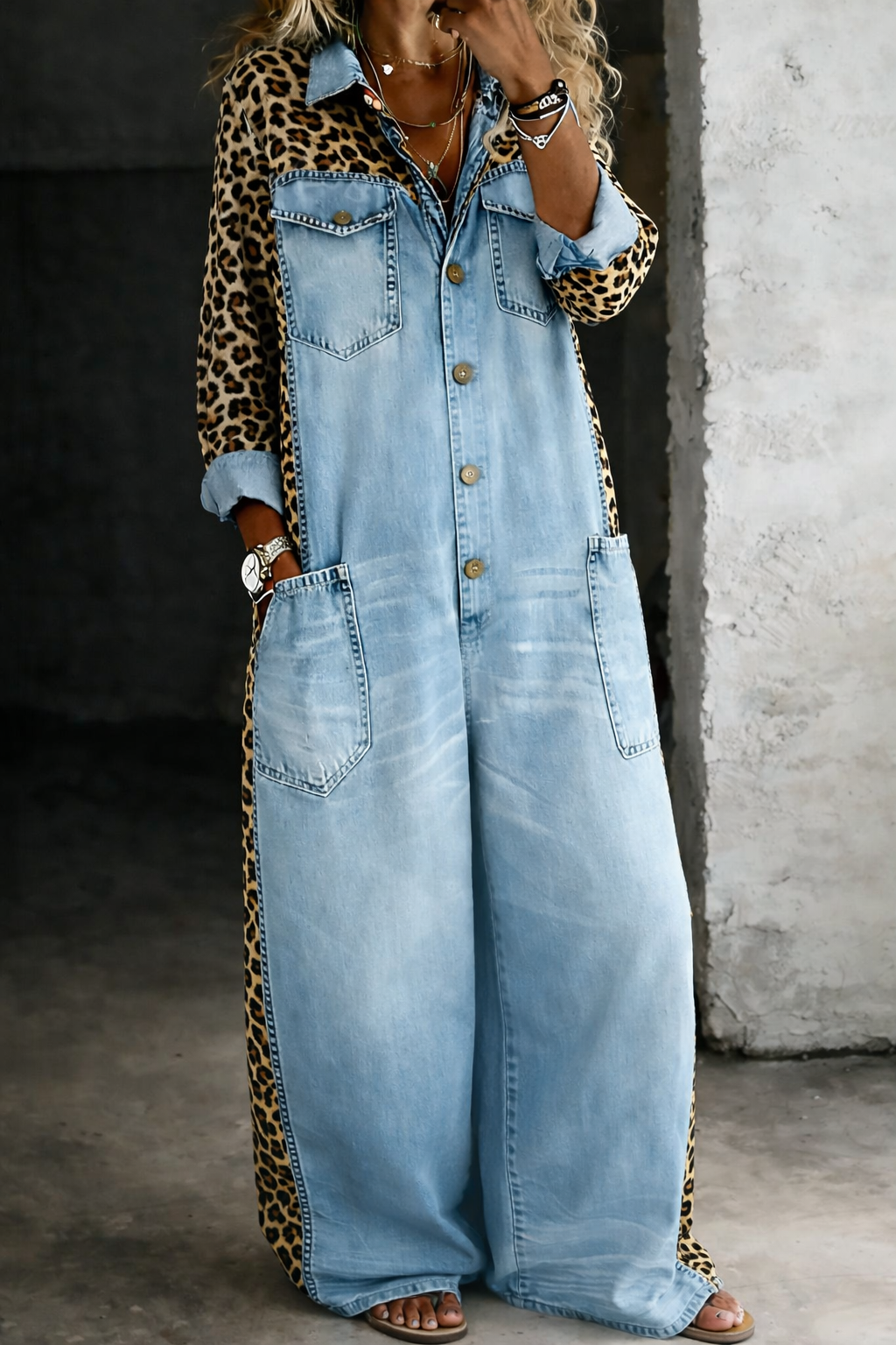 Amanda | Tuta in denim con motivo leopardato