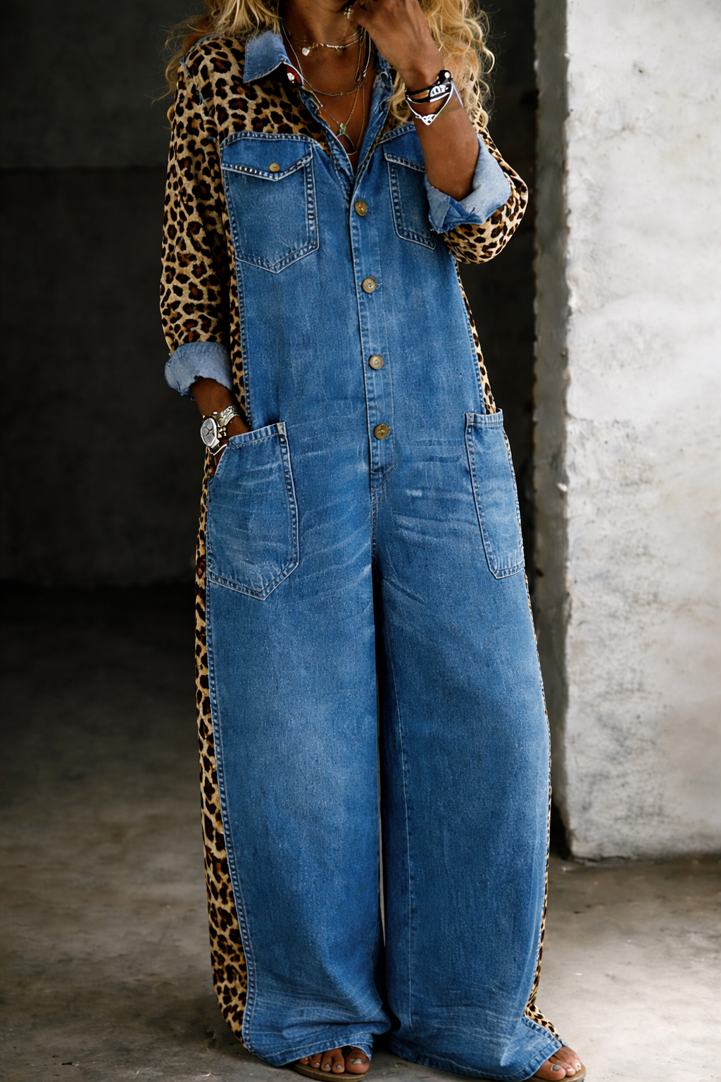 Amanda | Tuta in denim con motivo leopardato