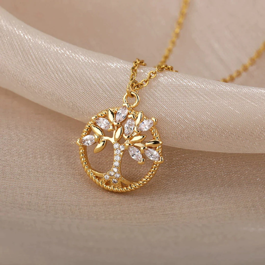 Collana dorata con ciondolo Albero della Vita e cristalli – Immagine 1