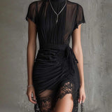 Black chiffon mini dress with pleated waist and lace trim