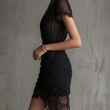 Black chiffon mini dress with pleated waist and lace trim