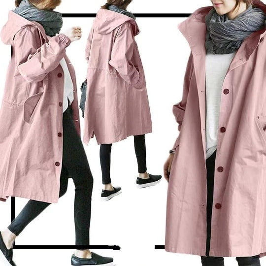 Trench lungo da donna con cappuccio e chiusura con bottoni