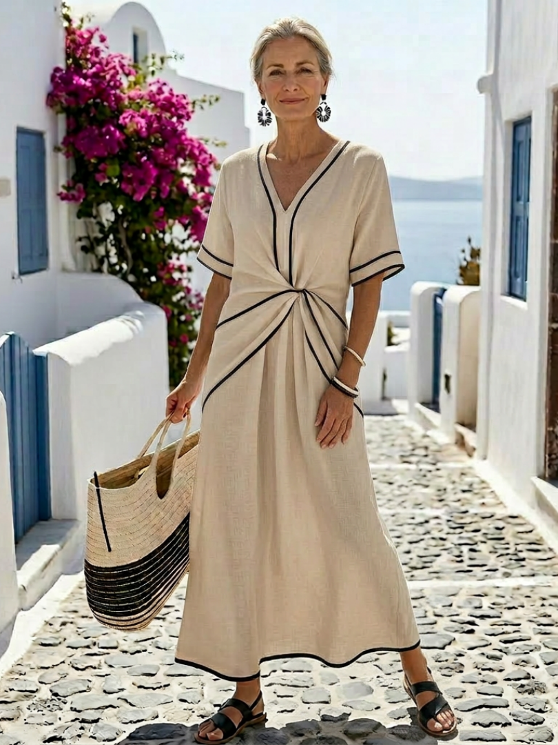Paola | Abito Midi con Scollo a V e Vita Arricciata