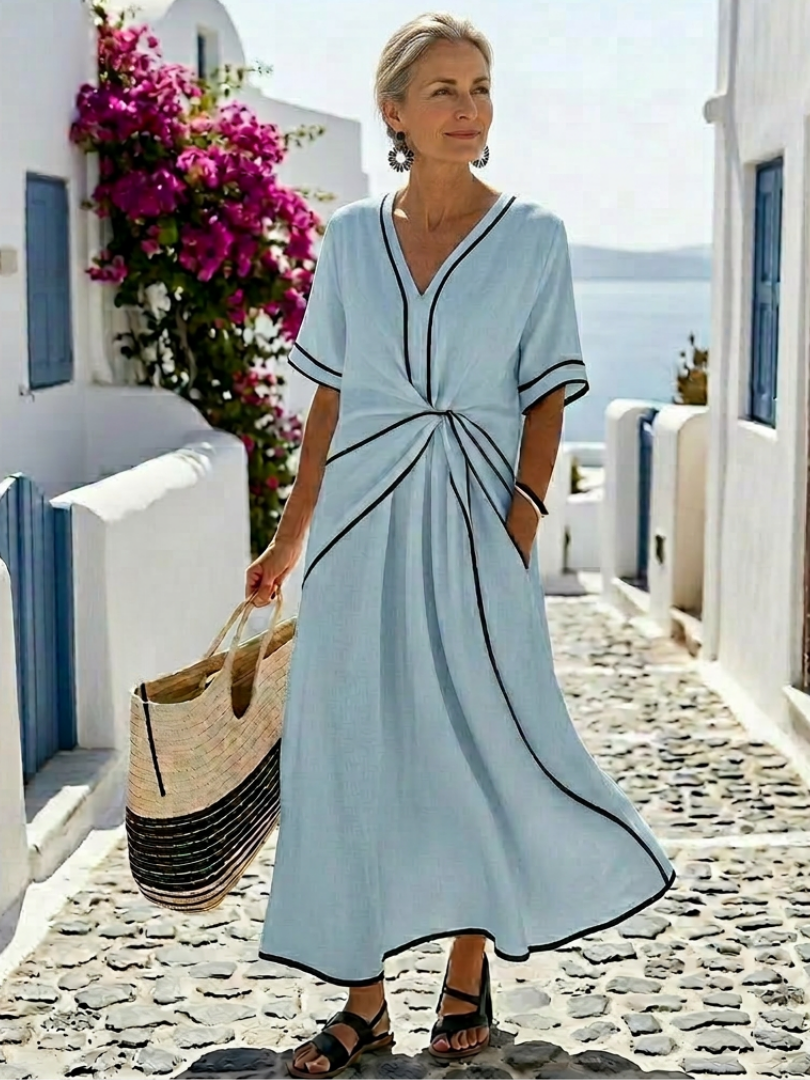 Paola | Abito Midi con Scollo a V e Vita Arricciata