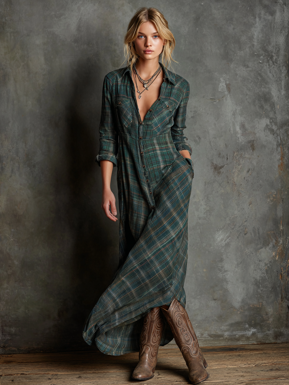 AILENE | ABITO CAMICIA CLASSICO A QUADRI VERDE