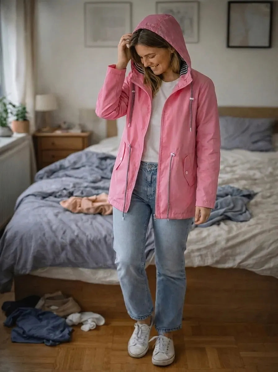 Giacca antipioggia leggera da donna con cappuccio e coulisse