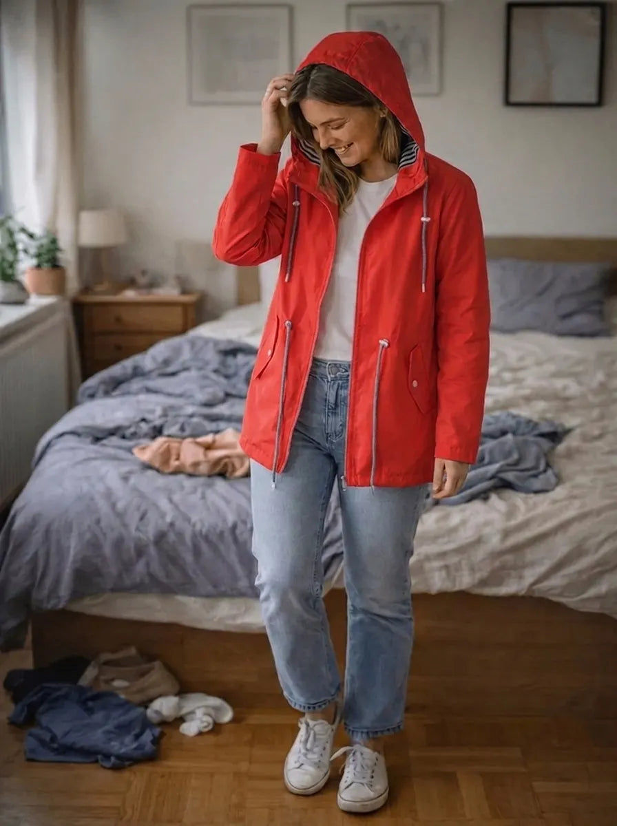 Giacca antipioggia leggera da donna con cappuccio e coulisse