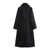Cappotto lungo da donna con collo effetto pelliccia