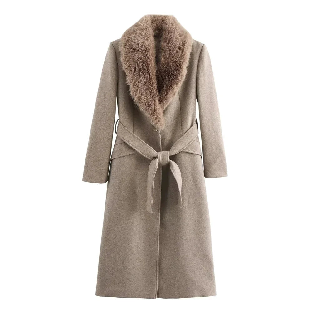 Cappotto lungo da donna con collo effetto pelliccia