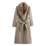 Cappotto lungo da donna con collo effetto pelliccia