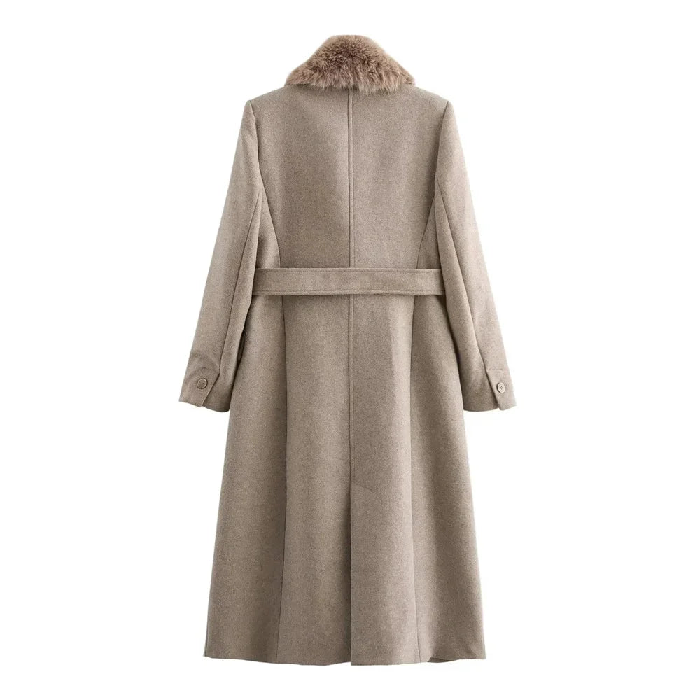 Cappotto lungo da donna con collo effetto pelliccia