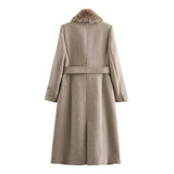 Cappotto lungo da donna con collo effetto pelliccia