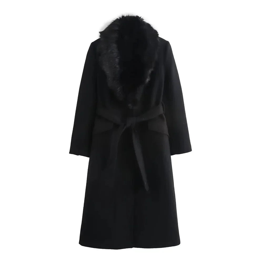 Cappotto lungo da donna con collo effetto pelliccia