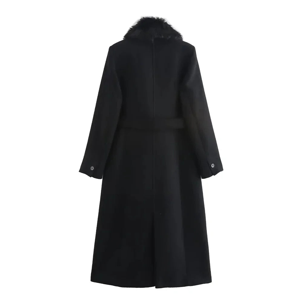 Cappotto lungo da donna con collo effetto pelliccia