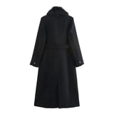 Cappotto lungo da donna con collo effetto pelliccia
