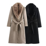 Cappotto lungo da donna con collo effetto pelliccia