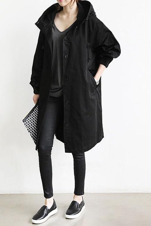 Cappotto lungo da donna con cappuccio e bottoni classici