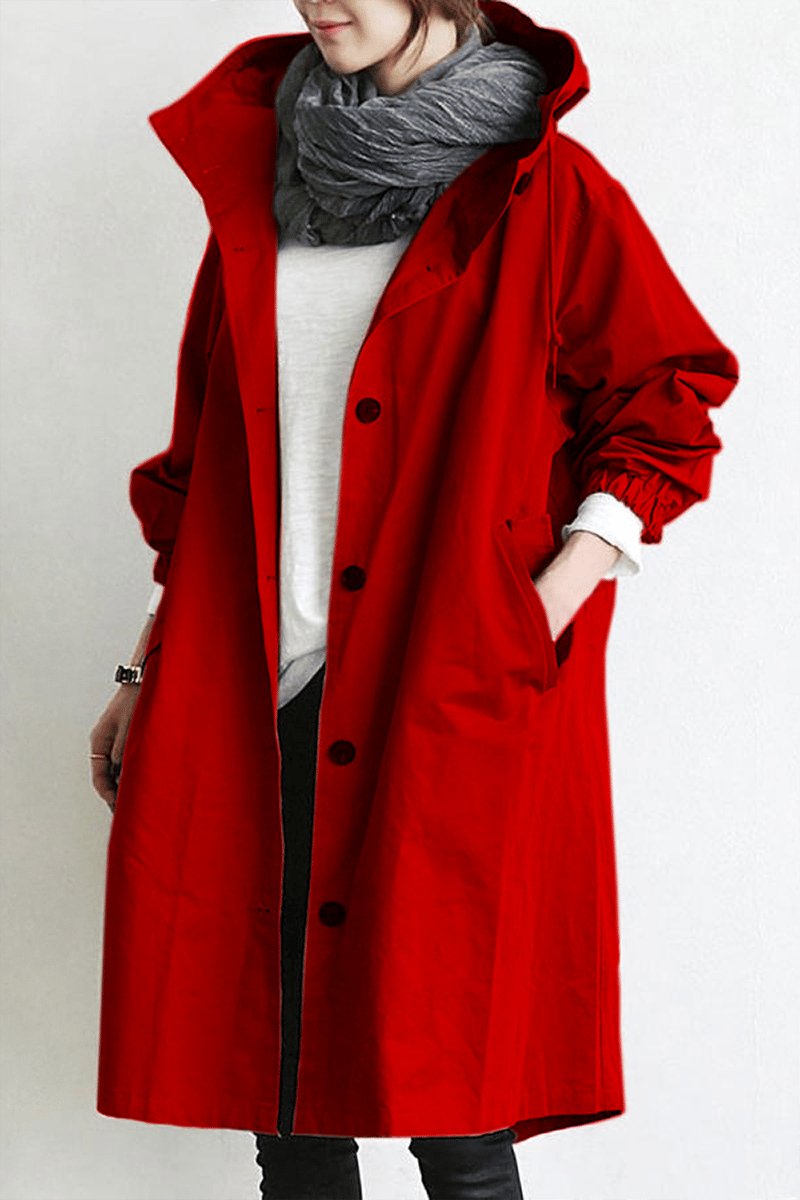Cappotto lungo da donna con cappuccio e bottoni classici
