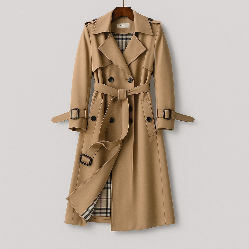 Trench lungo da donna con cintura e doppiopetto